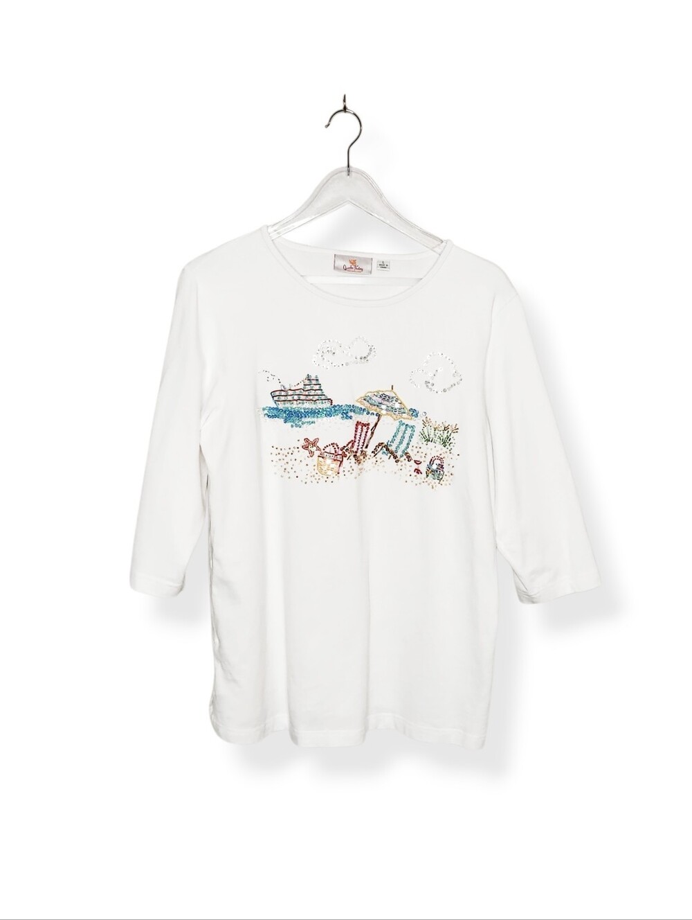 Vintage Quacker Factory White Beaded Sequin Beach Cruise Ship Top Size Large